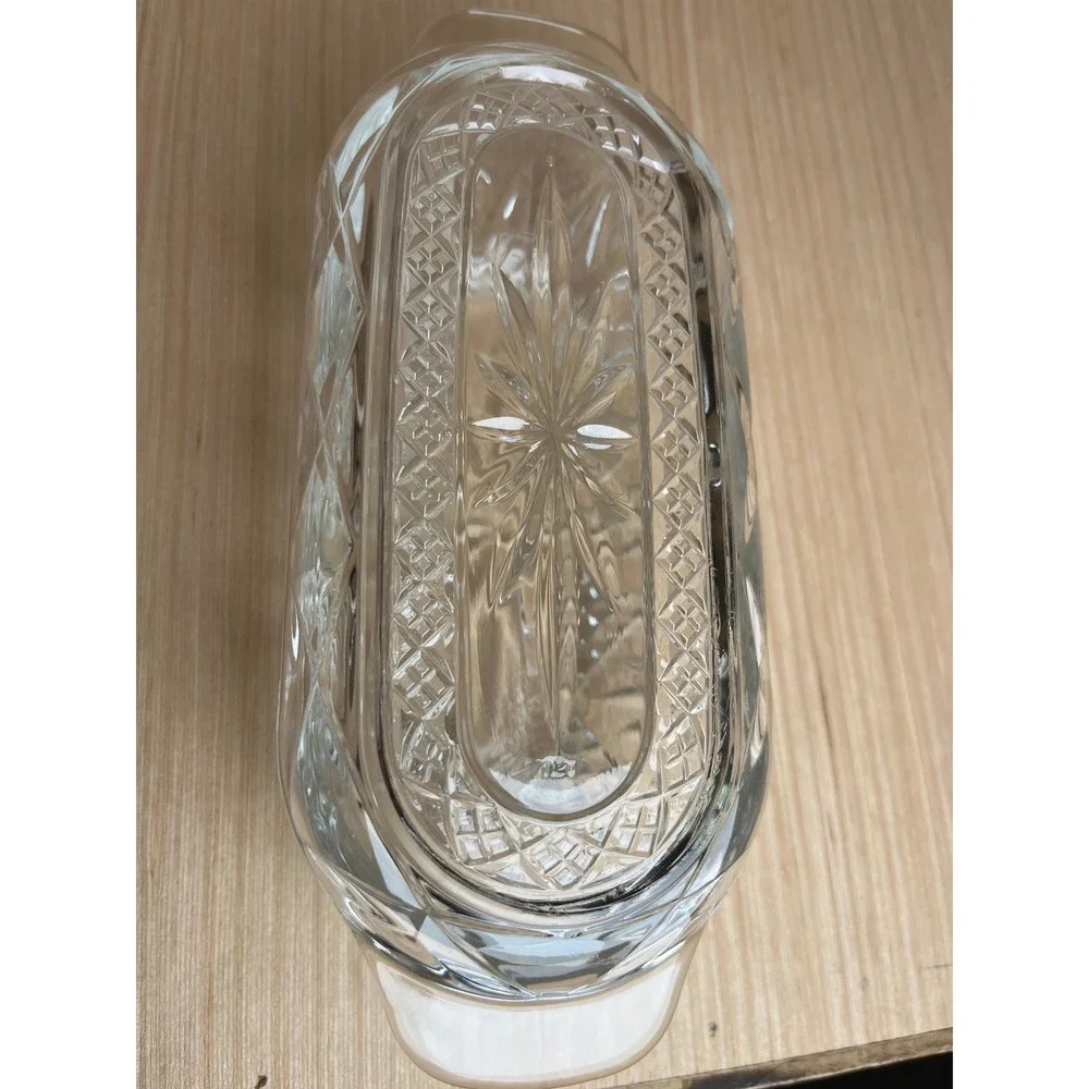 Vintage Clear Pressed Glass Butter Dish w/Lid Starburst Diamond Pattern USA MCM